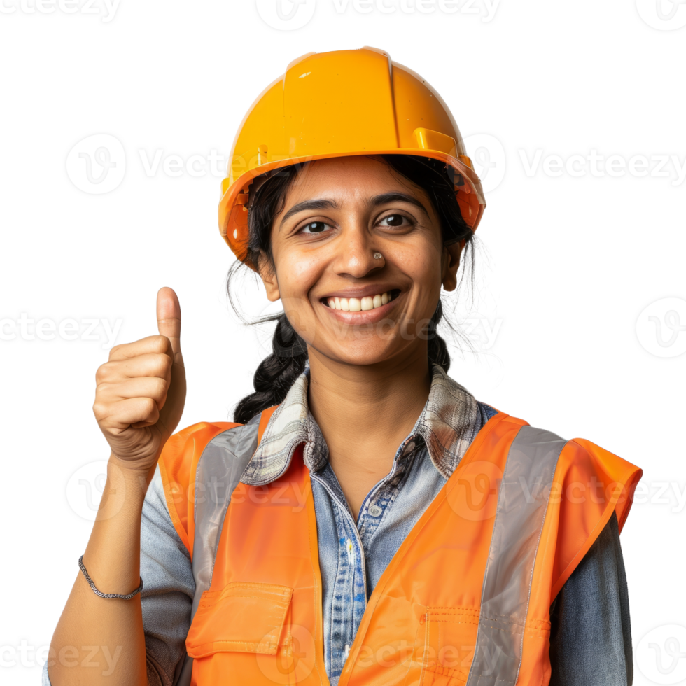 Construction indian engineer woman with thumb up isolated on transparent background png