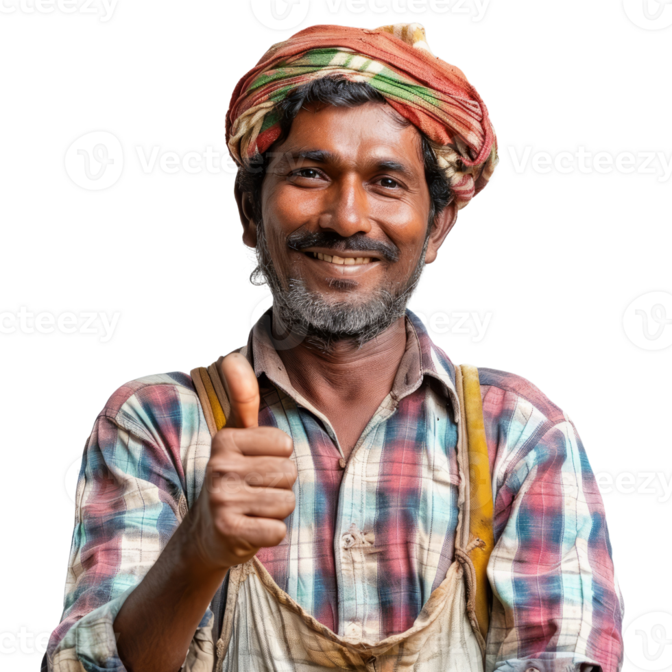 Smiling indian farmer man with thumb up isolated on transparent background png