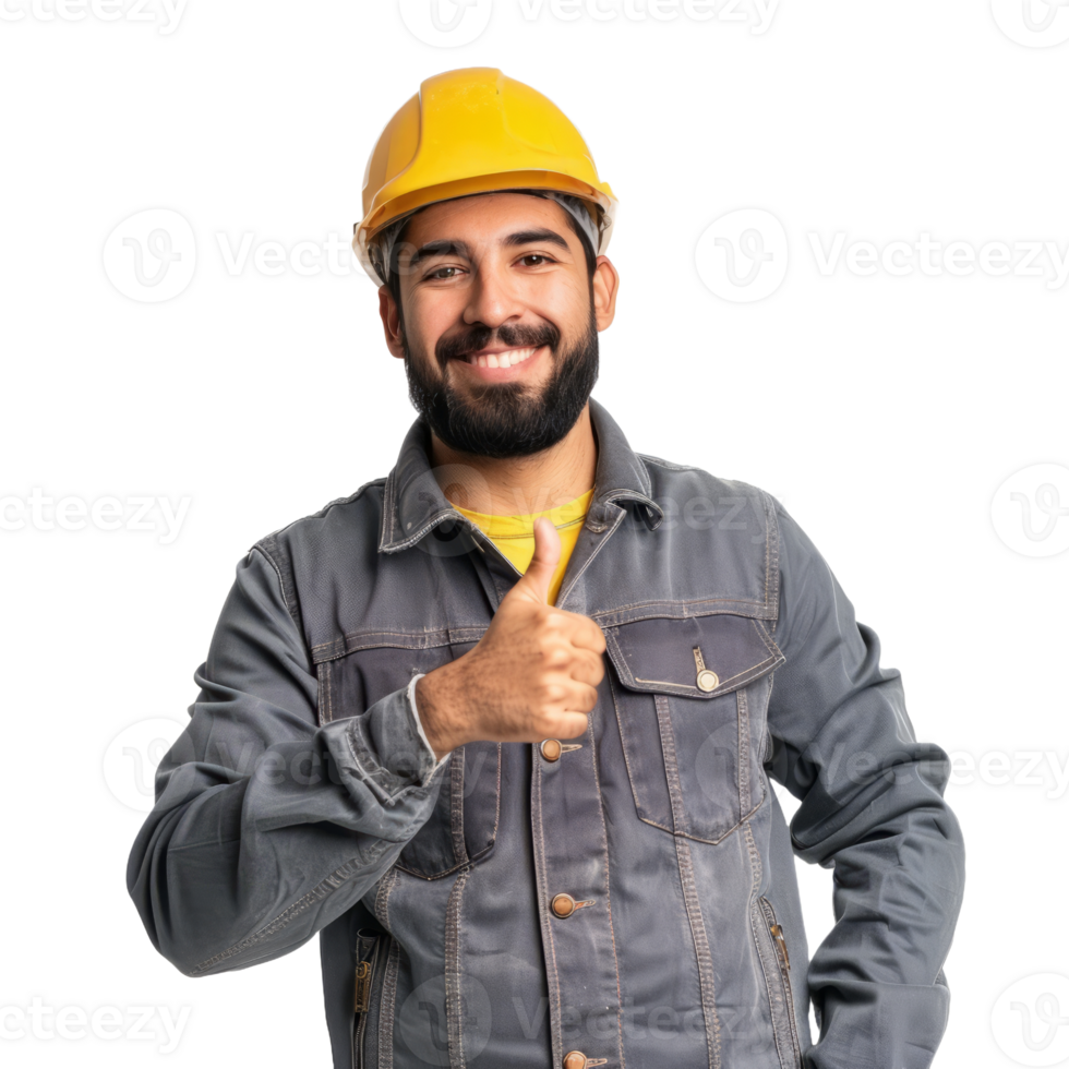 Smiling latin engineer man with thumb up isolated on transparent background png
