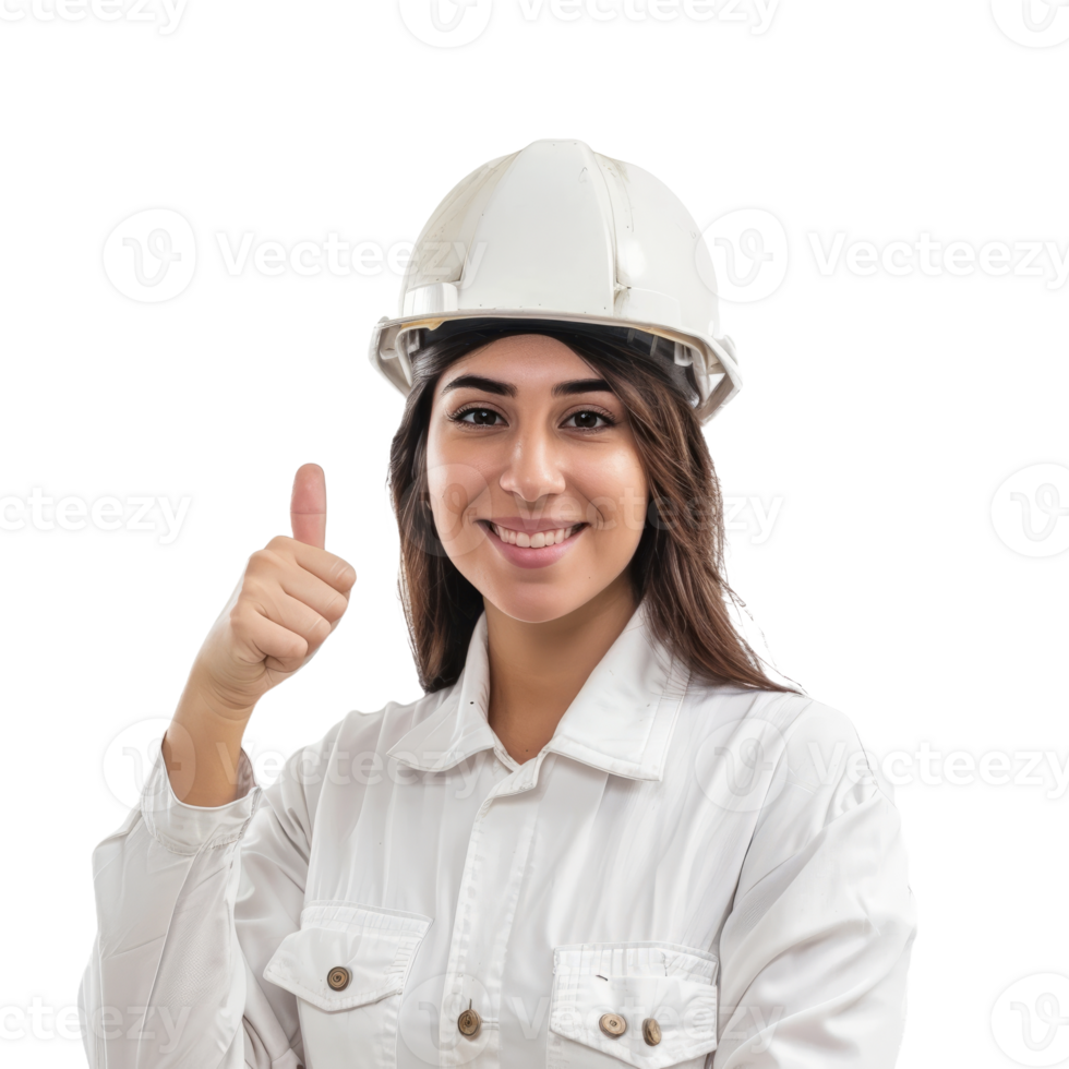 Pretty latin female engineer with thumb up isolated on transparent background png