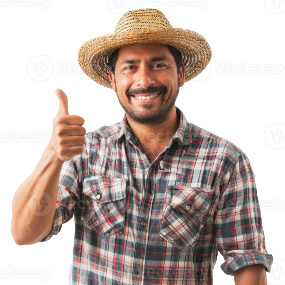 Smiling latin farmer man with thumb up isolated on transparent background png