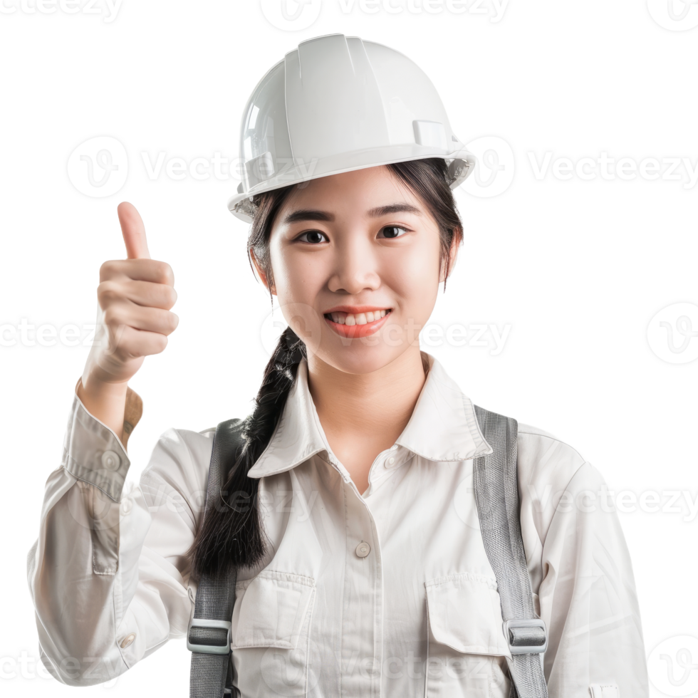 Smiling asian engineer woman with thumb up in a helmet isolated on transparent background png