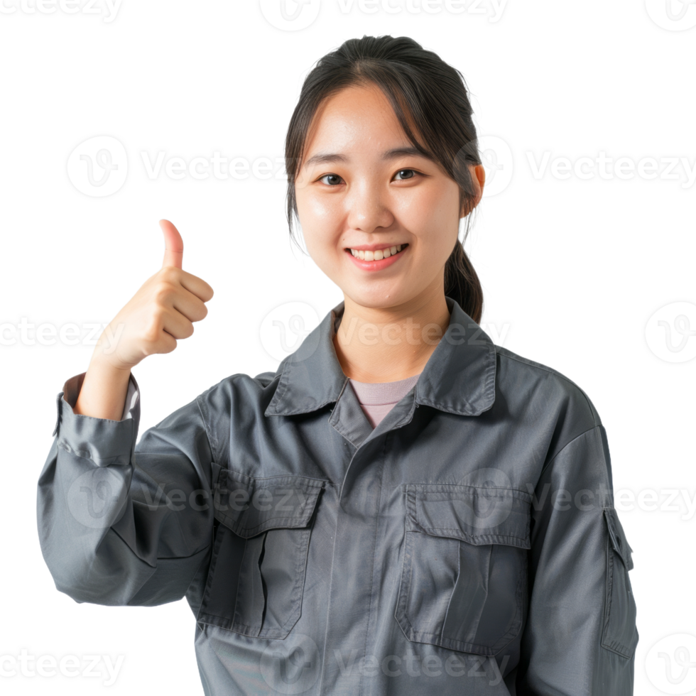 Smiling asian engineer woman with thumb up isolated on transparent background png