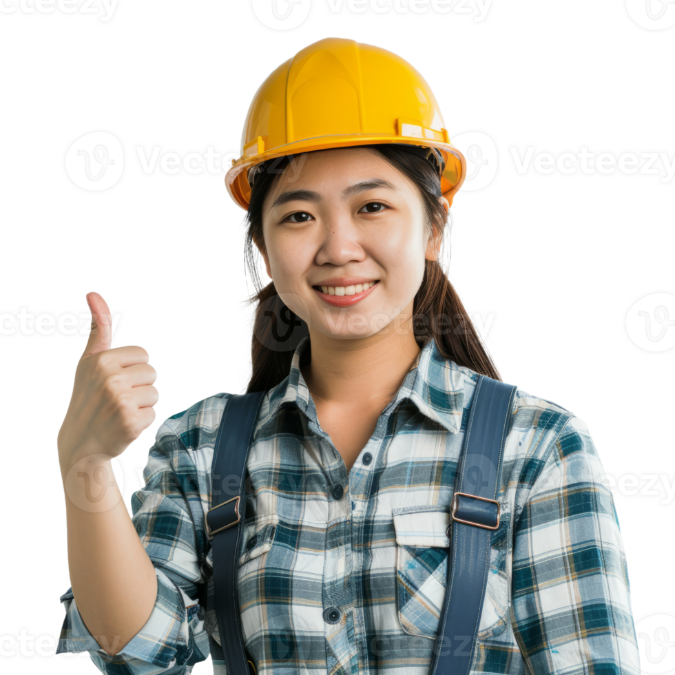 Asian engineer woman wearing a helmet with thumb up isolated on transparent background png
