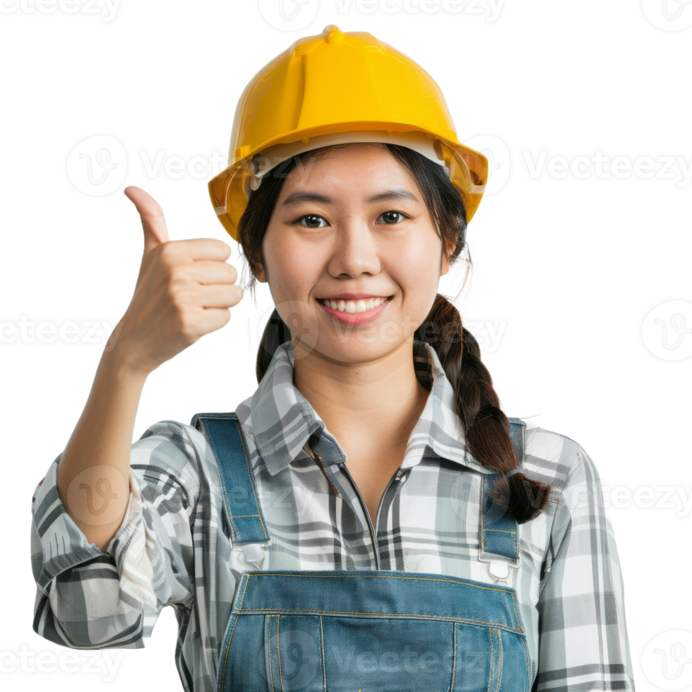 Smiling asian engineer woman in a helmet with thumb up isolated on transparent background png