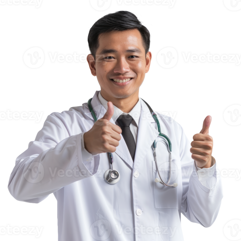 Smiling asian doctor man with stethoscope showing thumb up isolated on transparent background png