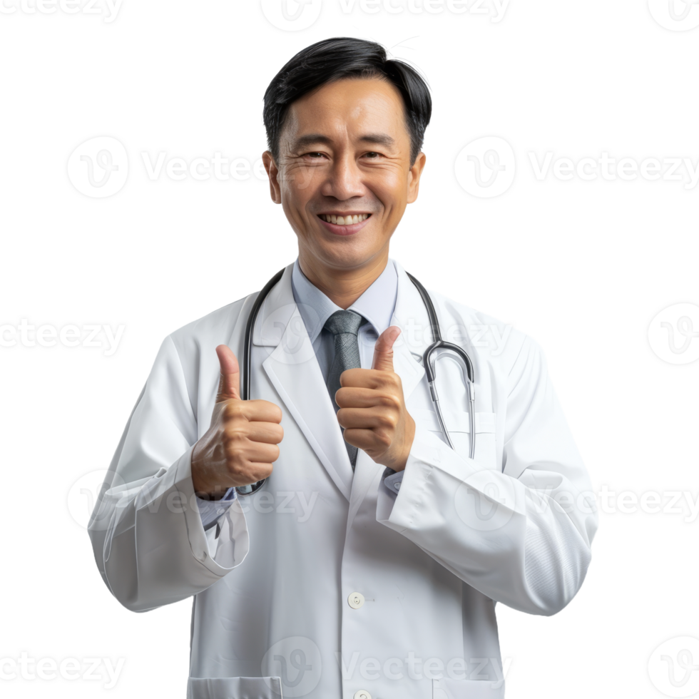 Smiling asian doctor man showing thumb up isolated on transparent background png