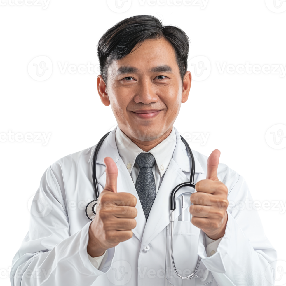 Asian doctor man showing thumb up isolated on transparent background png