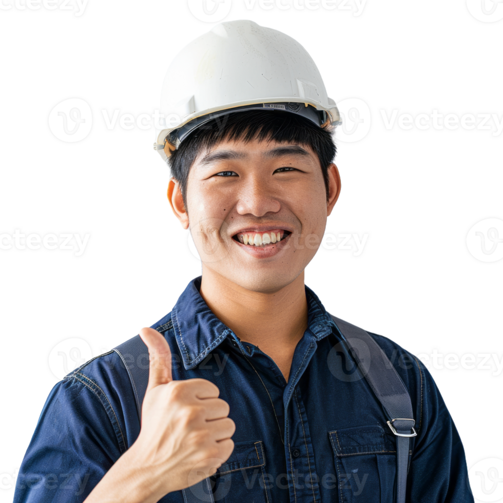 Asian engineer man with thumb up wearing a helmet isolated on transparent background png