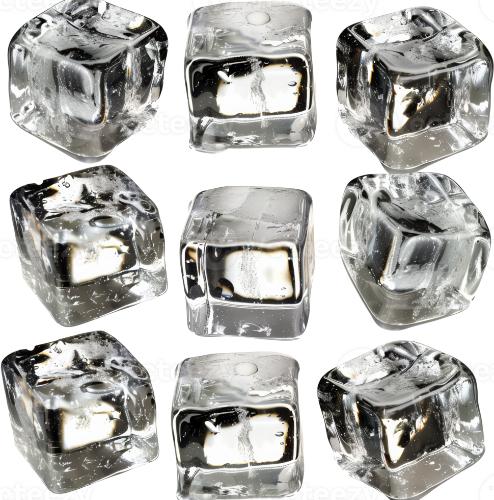 Crystal clear ice cubes, cut out transparent png