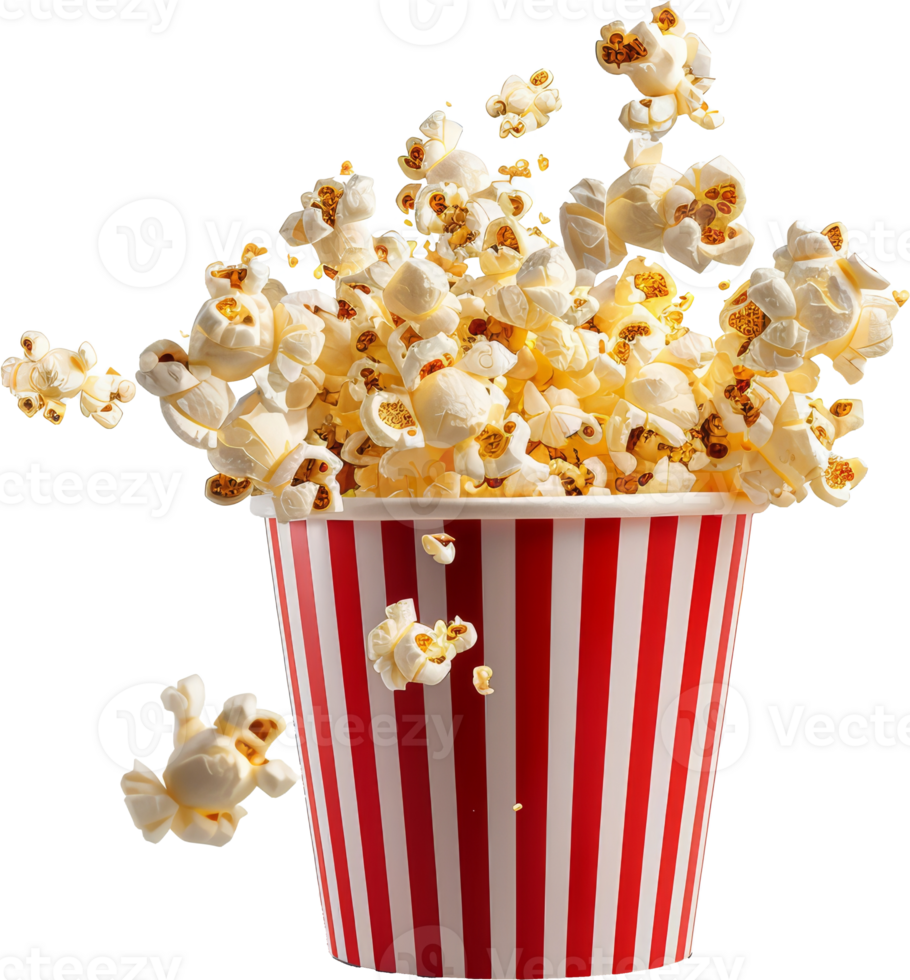 Overflowing popcorn in classic striped container, cut out transparent png