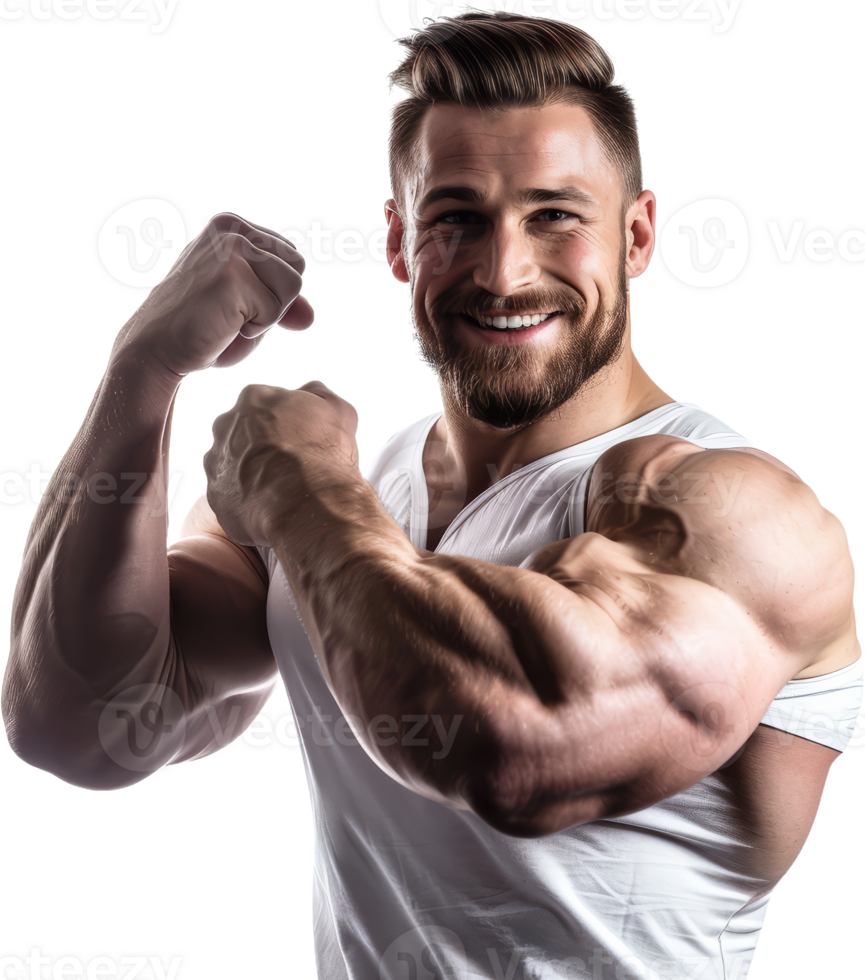 Muscular bodybuilder showing off biceps, cut out transparent png