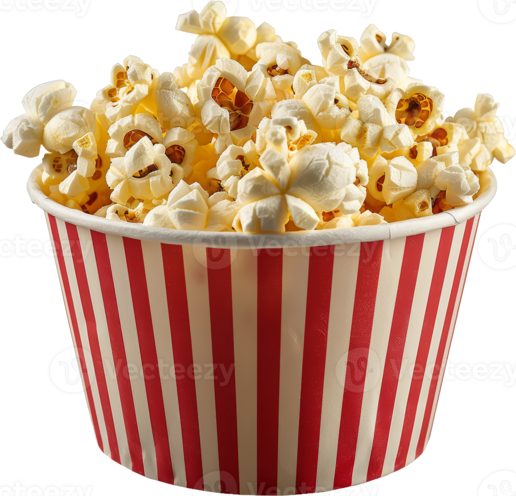Freshly popped popcorn in a classic striped container, cut out transparent png