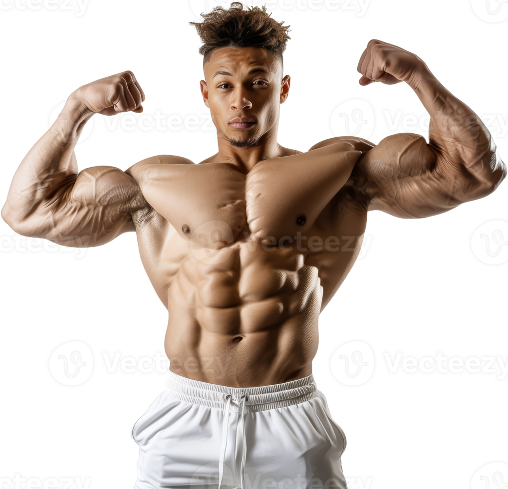 muscolare bodybuilder mostrando via bicipite, tagliare su trasparente png