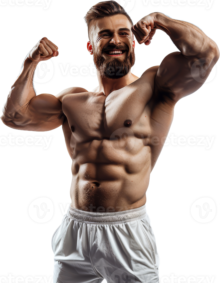 Muscular bodybuilder showing off biceps, cut out transparent png