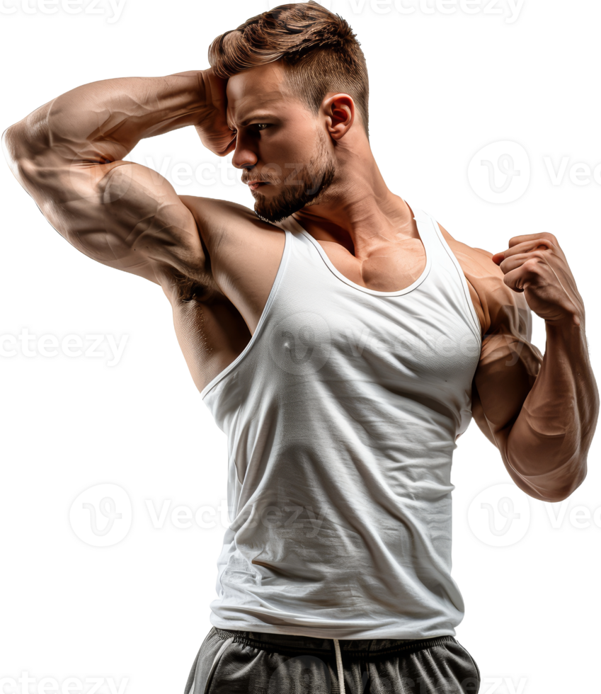 Muscular bodybuilder showing off biceps, cut out transparent png