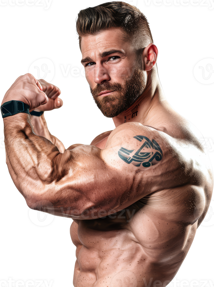 Muscular bodybuilder showing off biceps, cut out transparent png