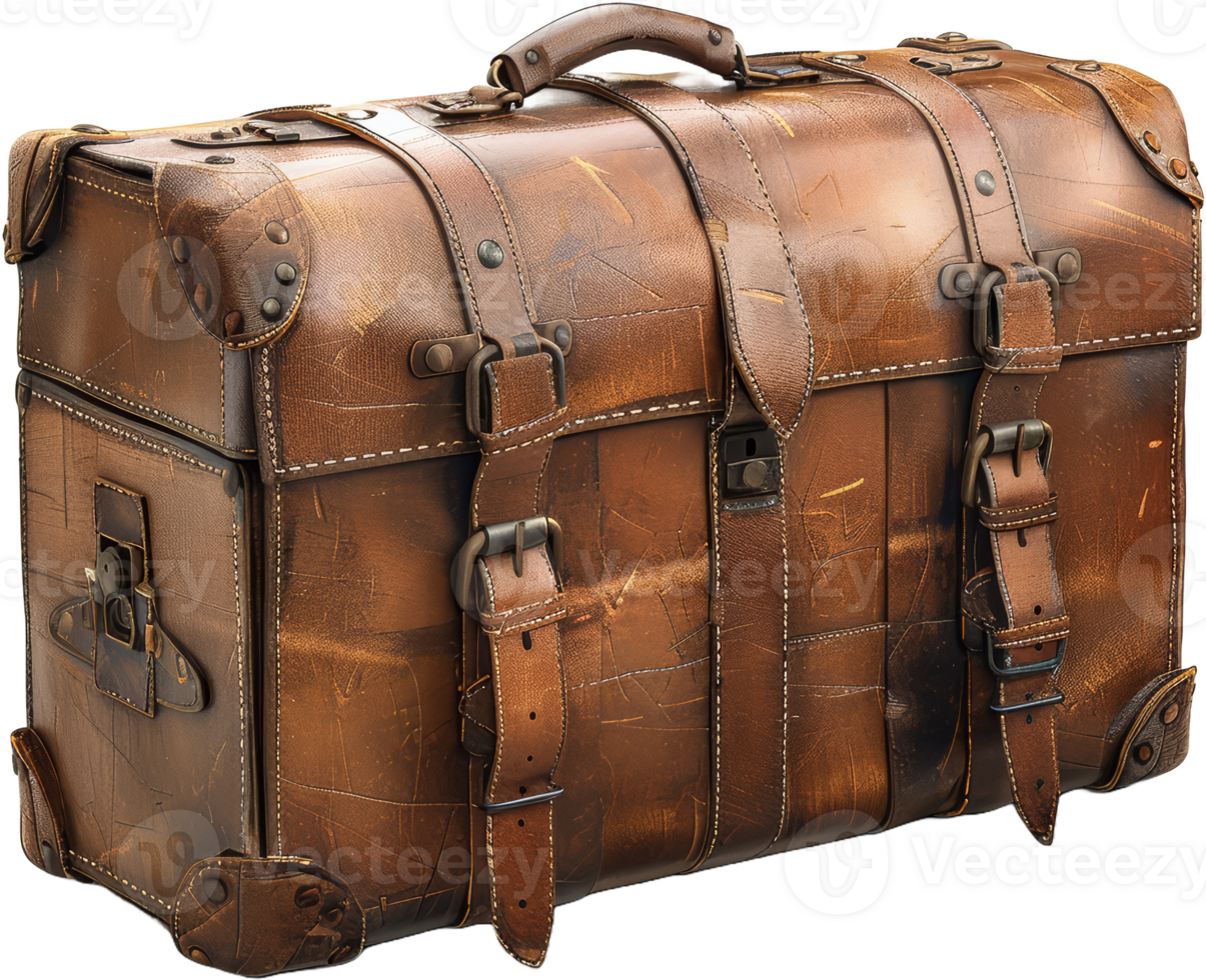 Vintage leather suitcase with straps and buckles, cut out transparent png