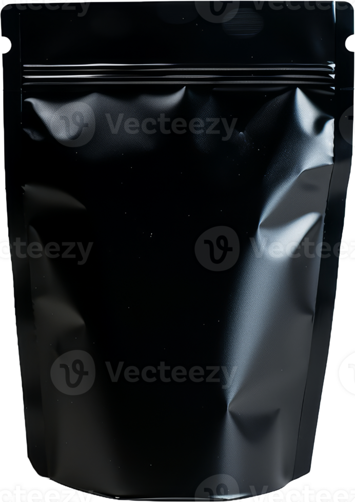 Black glossy stand-up pouch packaging, cut out transparent png