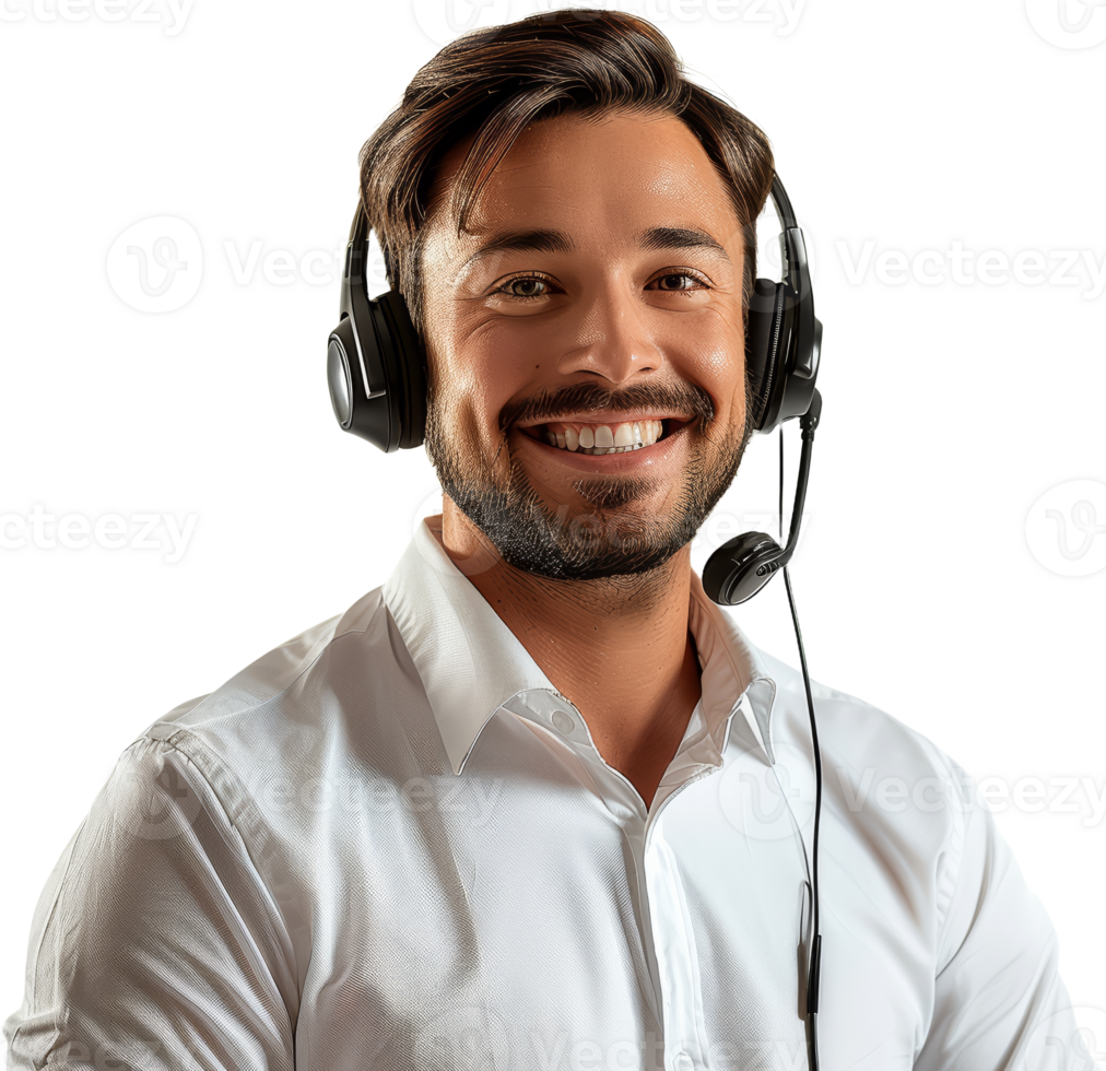 Smiling male customer service call center representative with headset, cut out transparent png