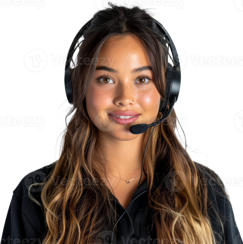 Smiling female customer service representative with headset, cut out transparent png