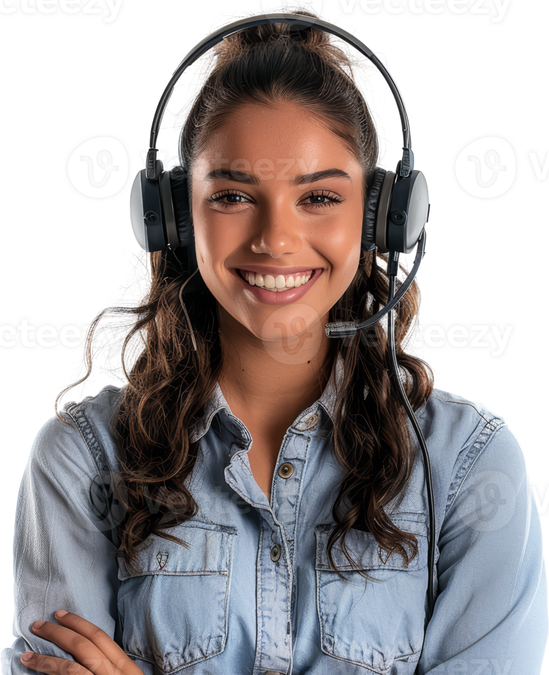 Smiling female customer service representative with headset, cut out transparent png