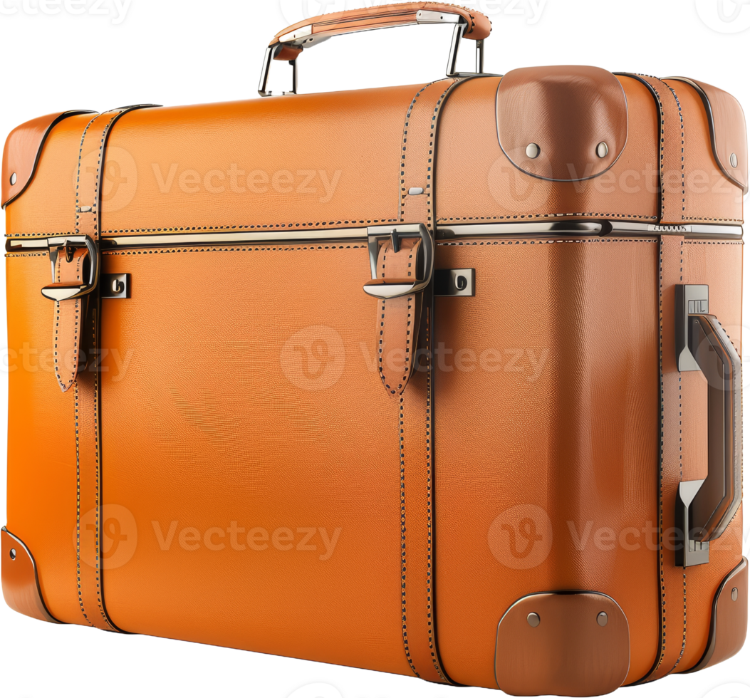 Vibrant orange hard shell suitcase with wheels, cut out transparent png