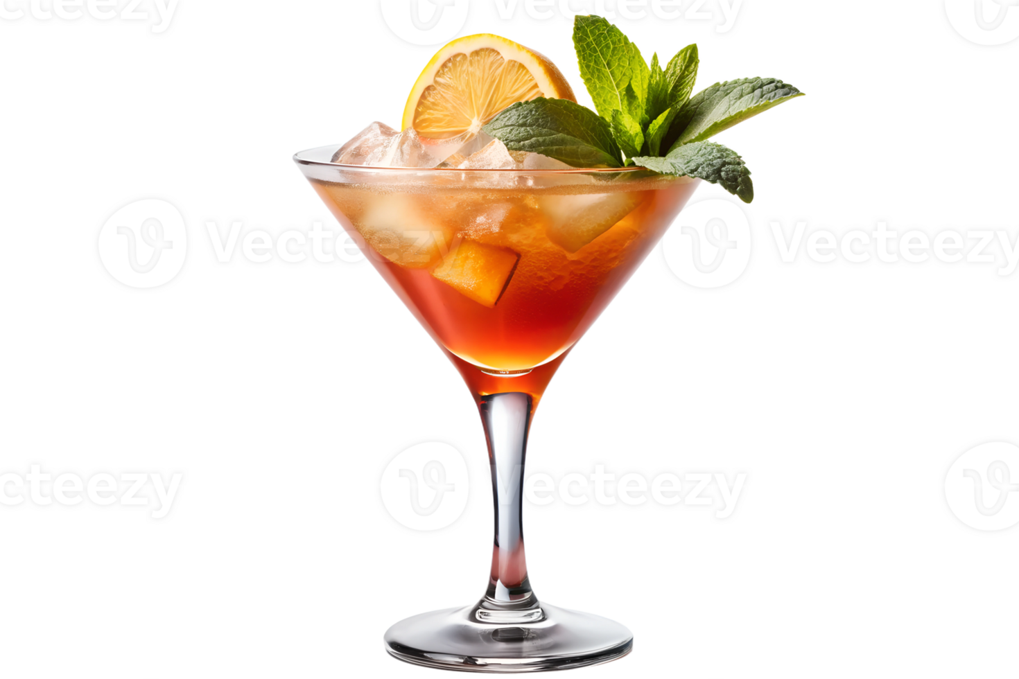 PNG iced cocktail with lemon slice and mint garnish transparent