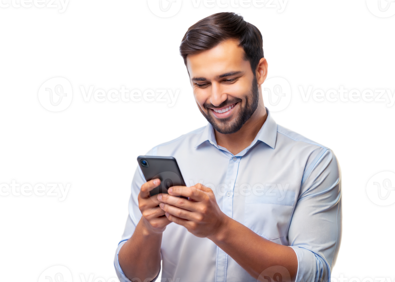PNG smiling man in white shirt texting on smartphone transparent