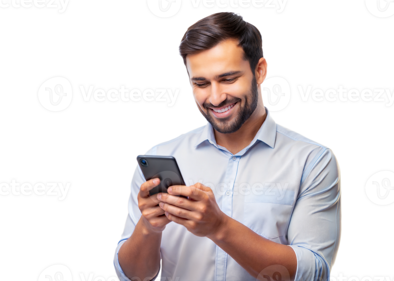PNG smiling man in white shirt texting on smartphone transparent