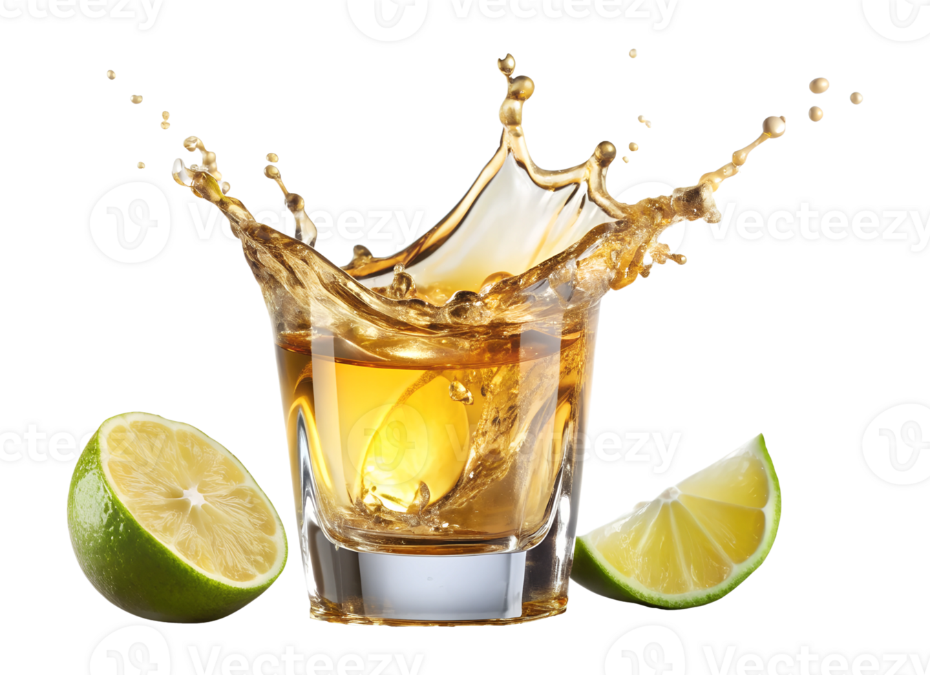 PNG Golden tequila splash in shot glass with lime slices transparent