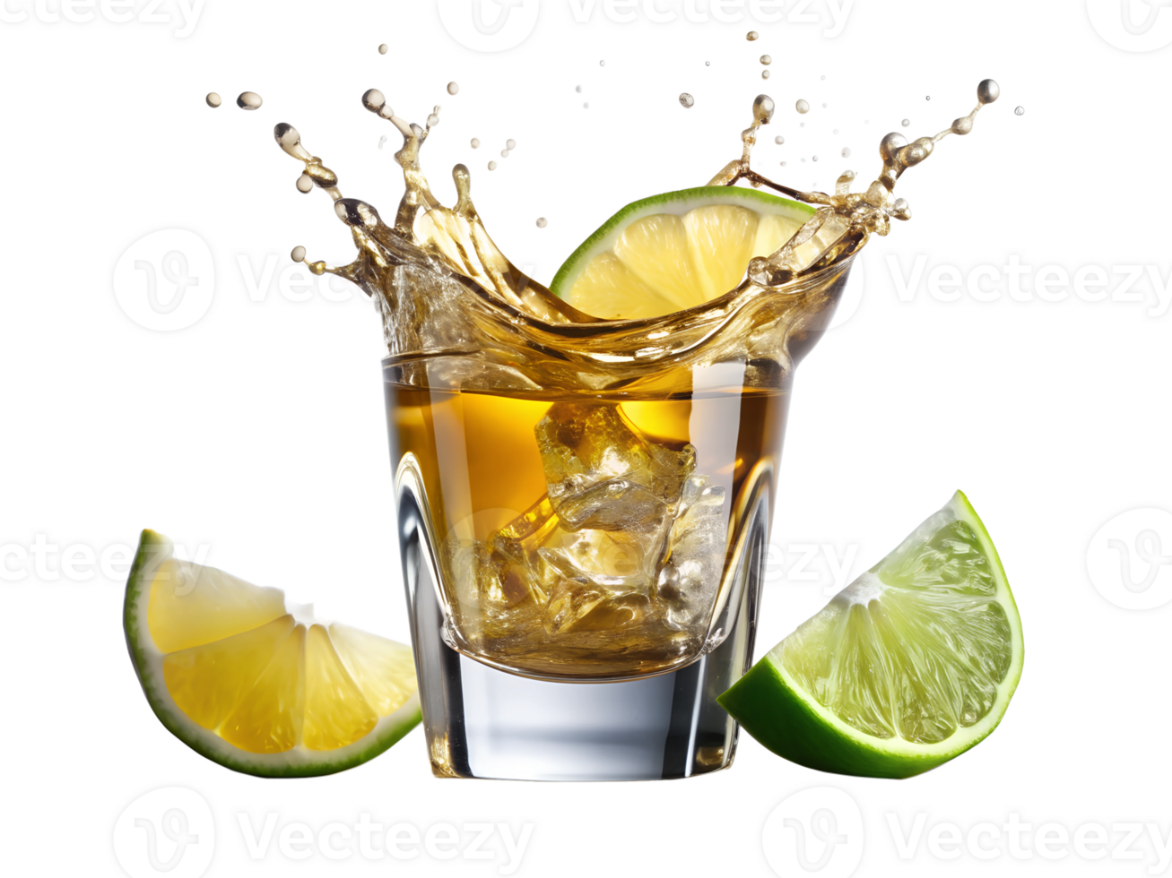 PNG whiskey with lime slices and splash on black transparent