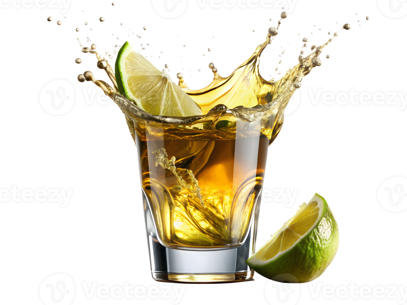 PNG shot of whiskey splash with lime slices isolated on transparent