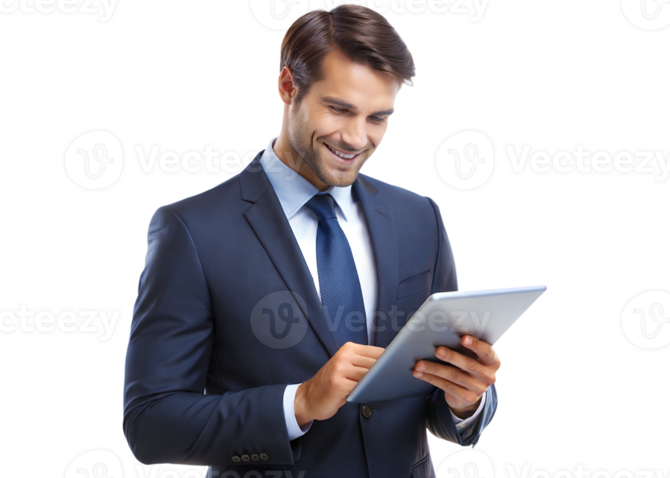 PNG businessman using tablet in navy suit isolated transparent