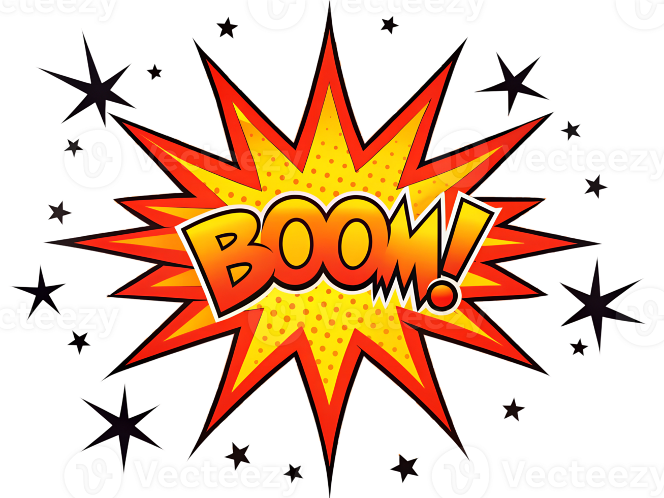 Colorful comic style explosion with the word BOOM in a dynamic design featuring starbursts, emphasizing excitement and energy, transparent png