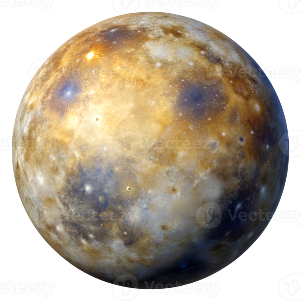 Exploring the surface of Ganymede, the largest moon of Jupiter, showcasing its unique features and colors, transparent png