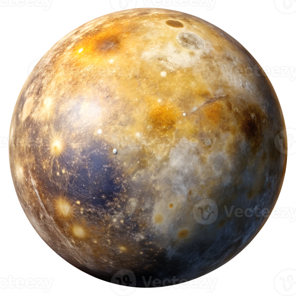 Detailed view of Ganymede, the largest moon of Jupiter, showcasing its textured surface and varied colors during a celestial observation event, transparent png