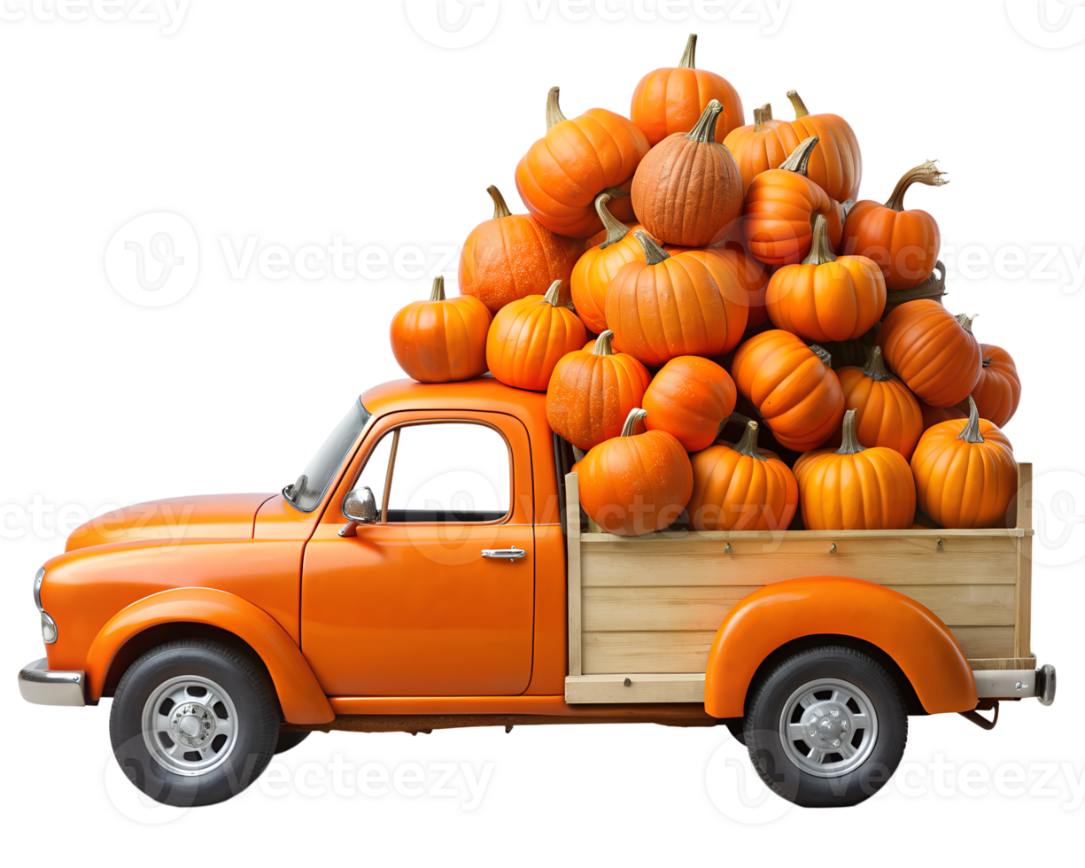 Colorful orange truck loaded with pumpkins parked ready for harvest season in an autumn setting in October, transparent png