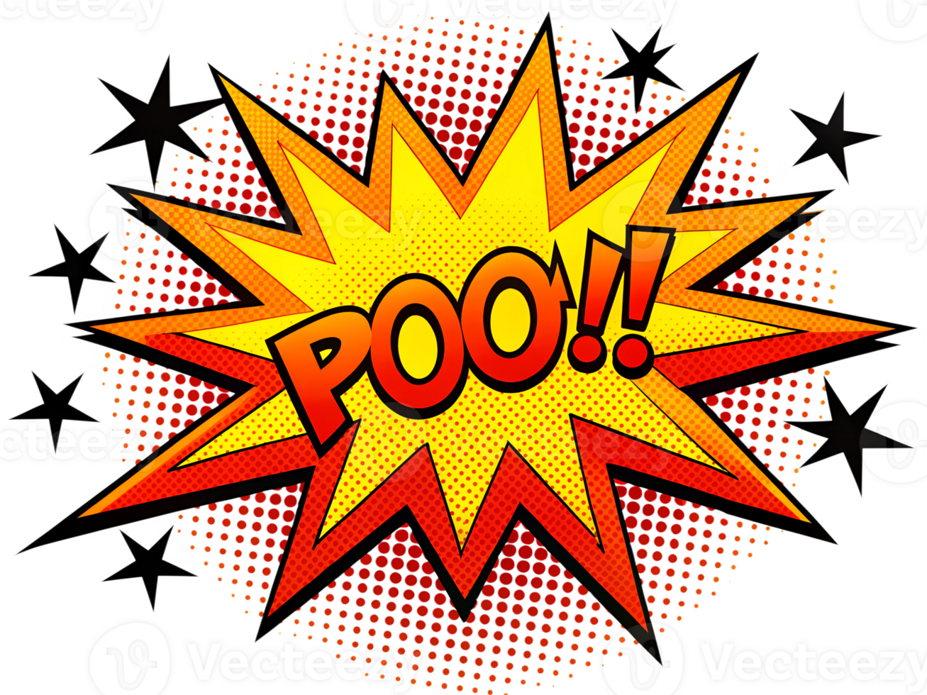 Bright comic explosion with the word POO in bold letters and star accents on a white background, transparent png