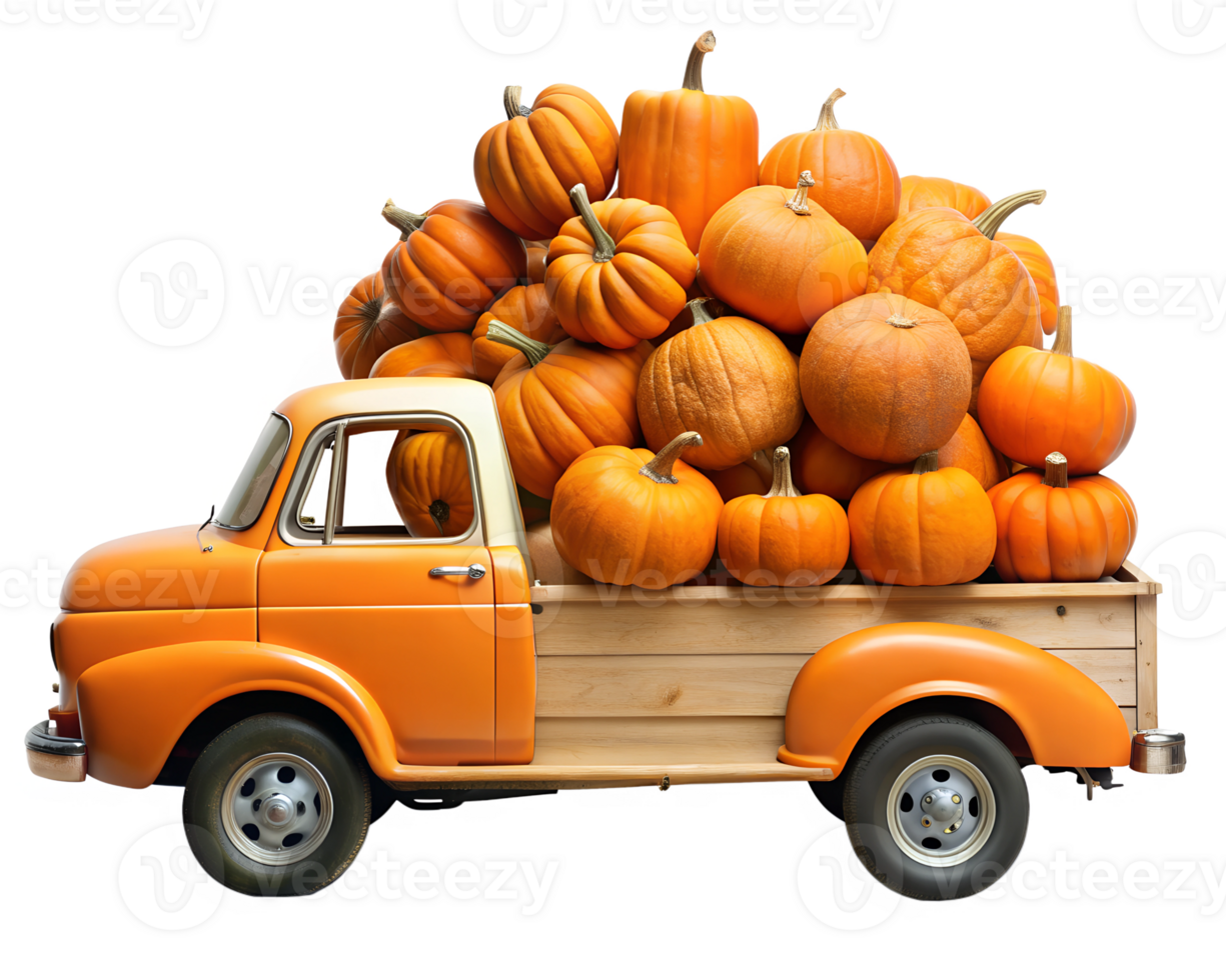 A vintage orange truck filled with bright pumpkins at a harvest festival in autumn afternoon light, transparent png