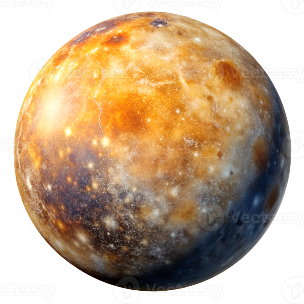 Magnificent view of the planet Mercury showcasing its textured surface and vibrant colors against the black backdrop of space, transparent png
