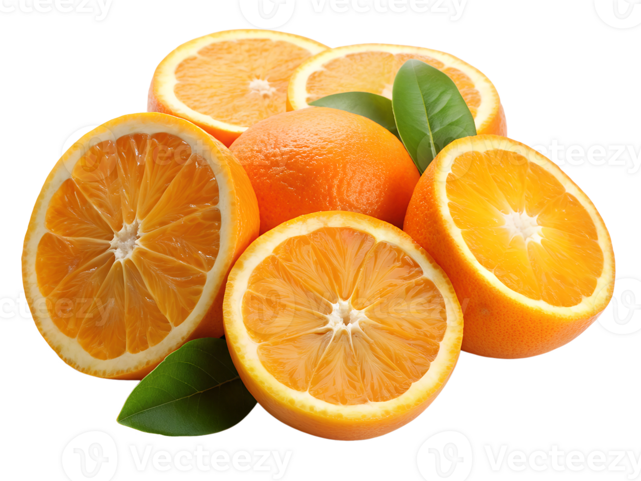 Freshly sliced oranges arranged with vibrant green leaves on a white background capturing their juicy texture and bright color, transparent png