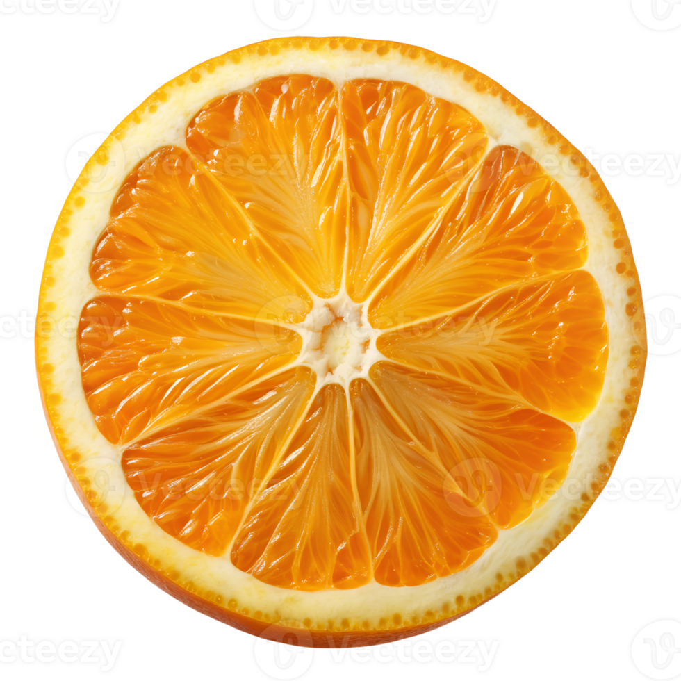 Brightly sliced orange showcasing juicy segments against a simple white background, transparent png