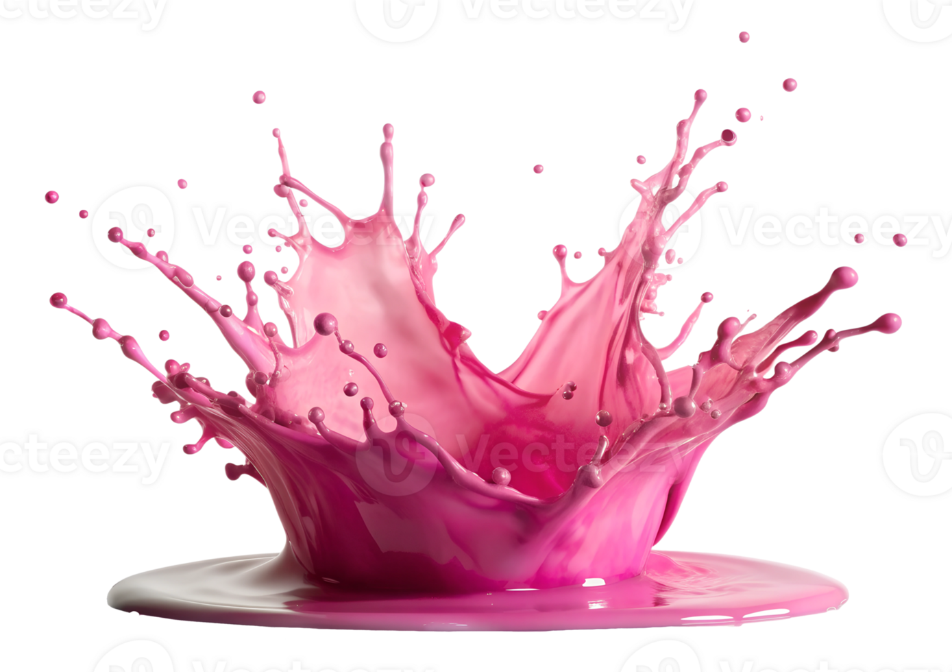 A vibrant splash of pink liquid creates an artistic pattern on a surface, showcasing dynamic motion and color contrast, transparent png