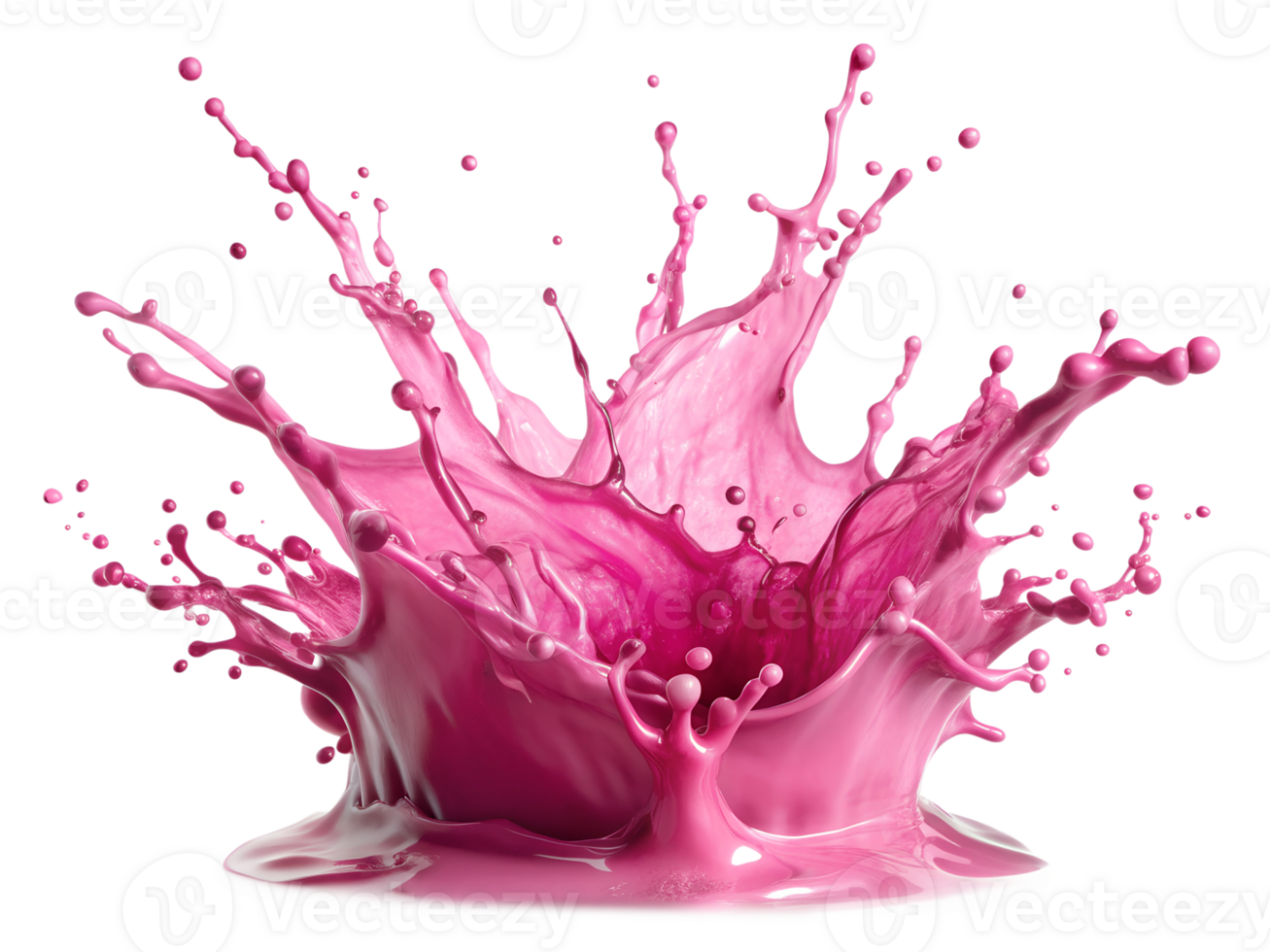 Vibrant pink liquid splashes dramatically against a white background, creating dynamic shapes and textures in mid-air, transparent png