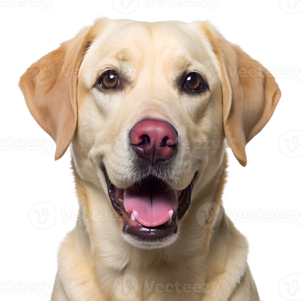 A happy yellow Labrador retriever with an enthusiastic expression posing against a plain white background, transparent png