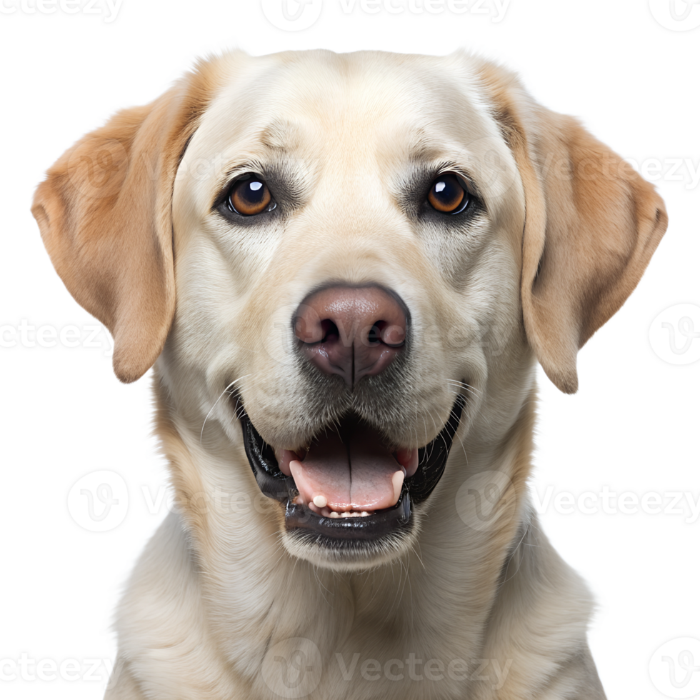 Happy Labrador Retriever with a friendly expression against a bright background while looking directly at the camera, transparent png