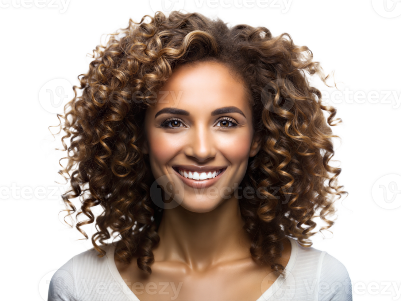 A joyful woman with curly hair smiles brightly against a plain white background in a casual setting, transparent png