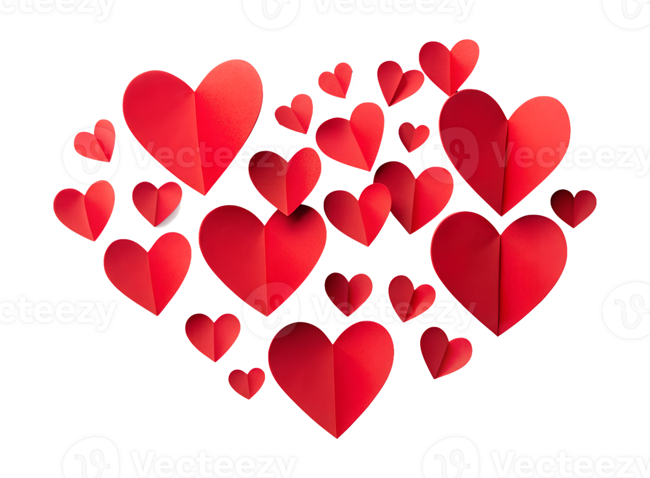 Colorful arrangement of red paper hearts creating a festive design on a white background, perfect for Valentine's Day celebrations, transparent png