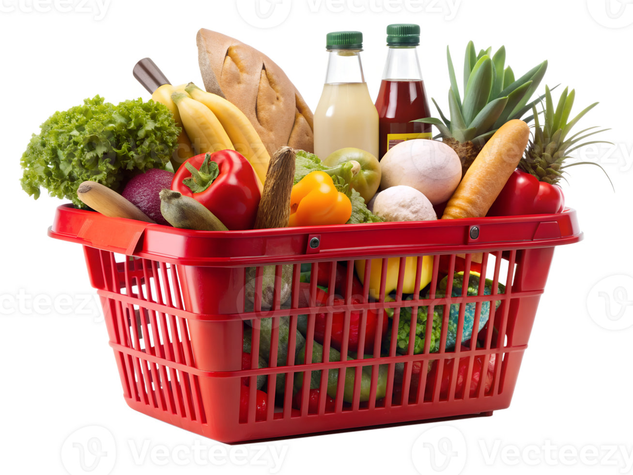 A vibrant shopping basket filled with fresh vegetables, fruits, and beverages arranged neatly for a healthy meal preparation, transparent png
